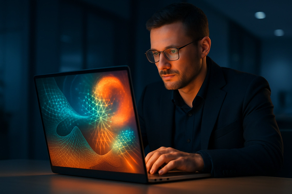 Professional working on a glowing laptop displaying colorful abstract AI-generated visuals in a modern office