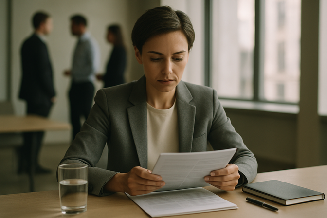 Professional reviewing meeting notes on a tablet at a conference table with colleagues blurred in the background