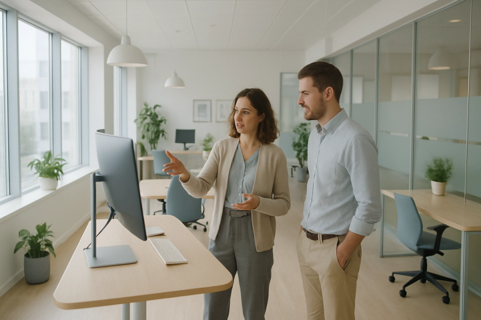 Two professionals collaborating around a large monitor in a bright Scandinavian-style open office