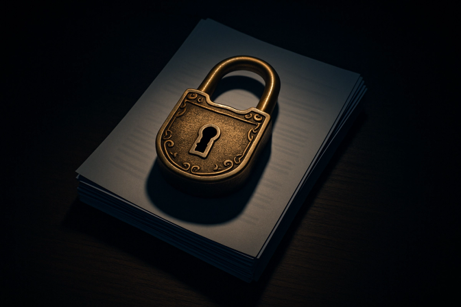 A brass padlock resting on organized paper documents on a dark wooden desk