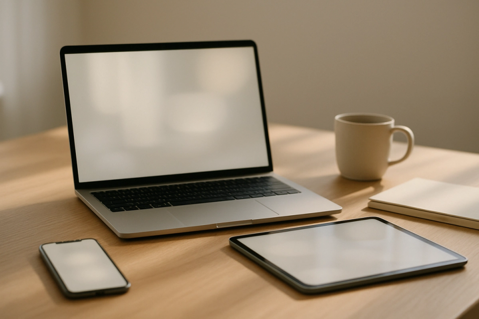 Minimalist desk with a MacBook, iPad, and iPhone arranged together in natural window light
