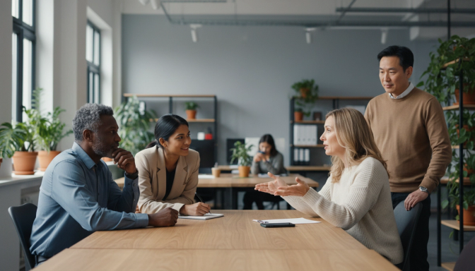 Diverse group of office colleagues gathered around a wooden table in conversation in a modern open-plan office