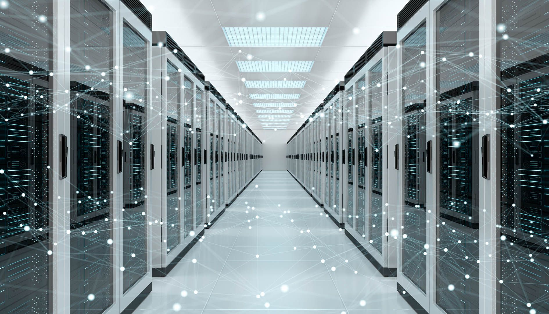Long hallway inside a modern data center with rows of server racks on both sides, overlaid with a digital network graphic representing data connections.