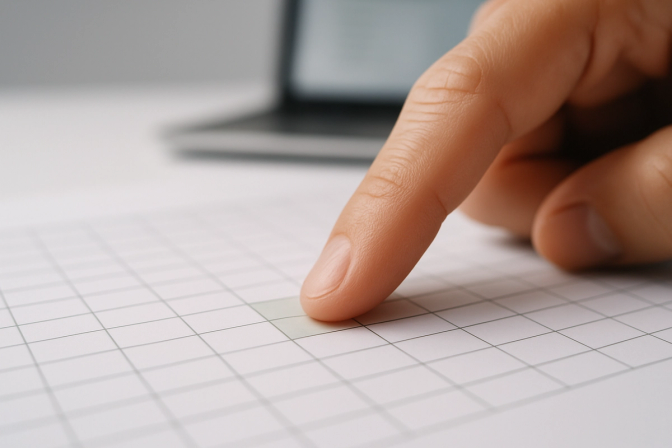 Person pointing at a printed spreadsheet grid on paper with a laptop in the background