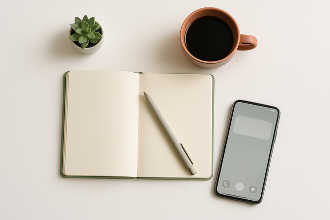 Aerial flat-lay of a tidy desk with an open notebook, terracotta coffee cup, and smartphone