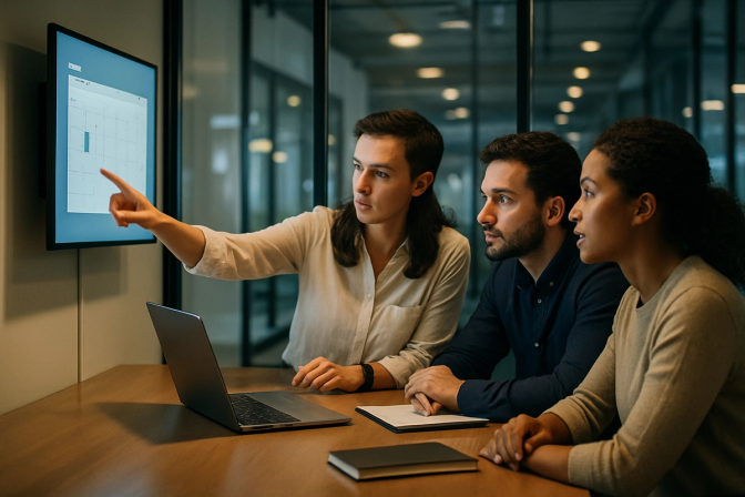 Three professionals in a glass-walled meeting room, one pointing at a wall-mounted display screen