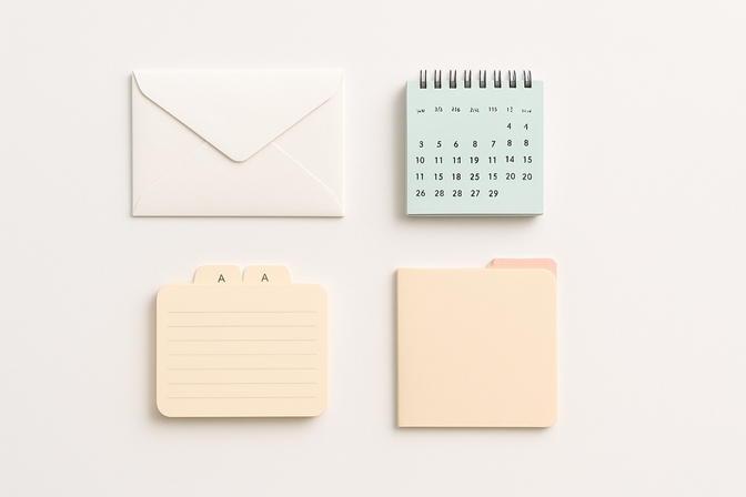 Flat-lay of an envelope, calendar, rolodex card, and folder arranged in a grid on a white surface