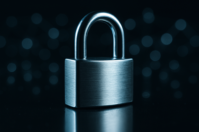 Polished steel padlock resting on a dark reflective surface with soft blue bokeh lights in the background