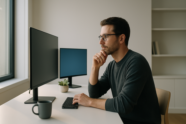 Professional working at a minimalist desk with dual monitors in a bright Scandinavian-style office