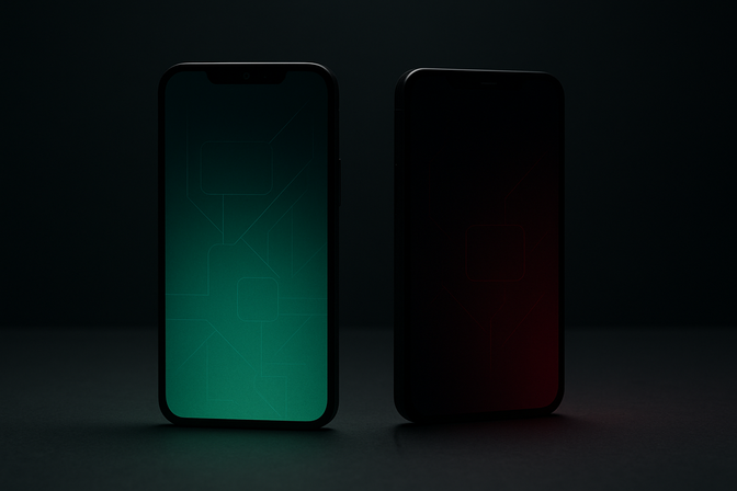 Two smartphones side by side, one glowing green and one with a red tint, representing approved and blocked data access