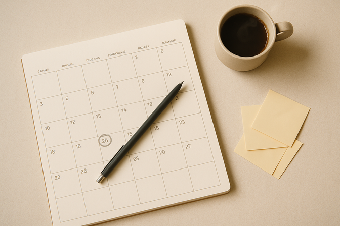 Overhead flat-lay of a desk calendar with a pen, coffee cup, and sticky notes on a beige surface