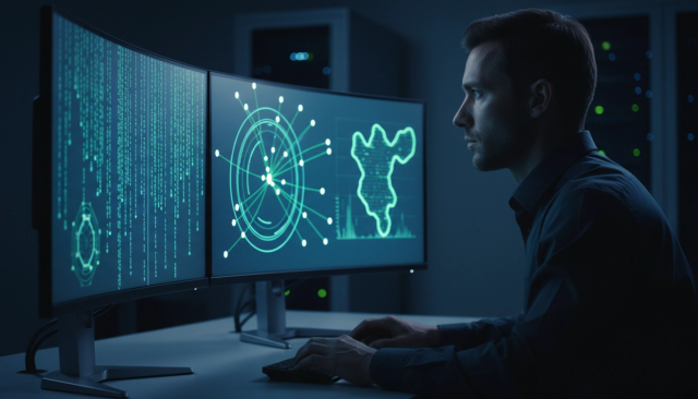 IT security professional seated at a multi-monitor workstation displaying glowing data dashboards in a dark room