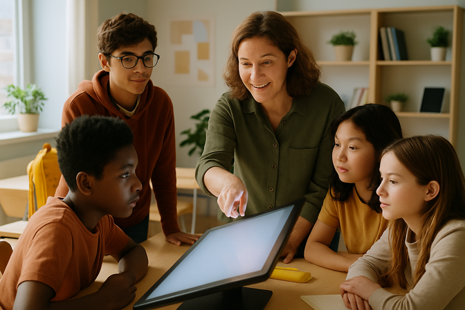 Teacher and diverse group of students gathered around an interactive display in a modern classroom
