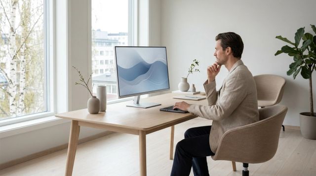 Moderne kontor med bærbar PC og dataskjerm som viser abstrakte skyvisualiseringer i dempede blåtoner