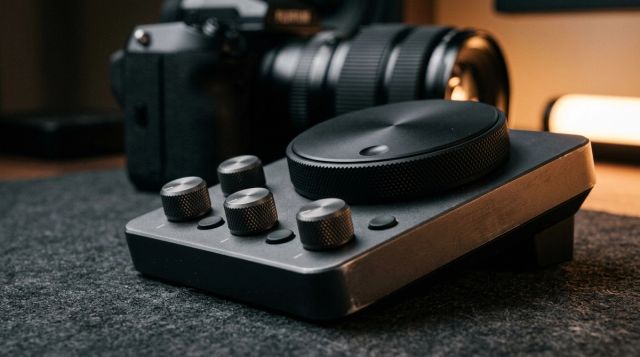 Et kontrollhjul for videoredigering i metall på et mørkt bord med et kameralinse i bakgrunnen.