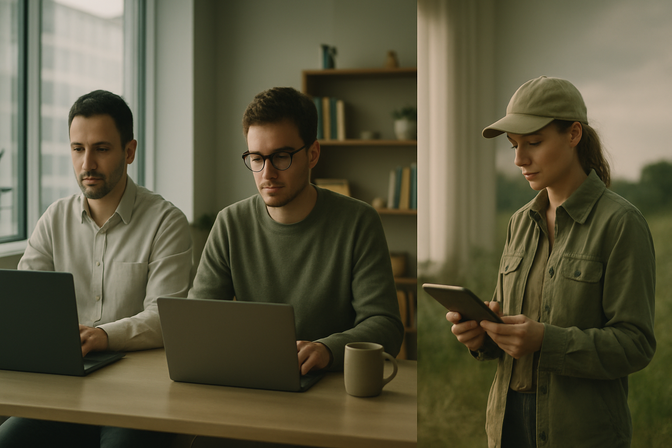 Three professionals working in different environments: a corporate office, a home workspace, and an outdoor field setting