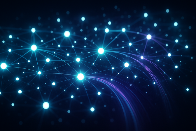 Abstract network of glowing teal and violet nodes connected by flowing light streams on a dark background