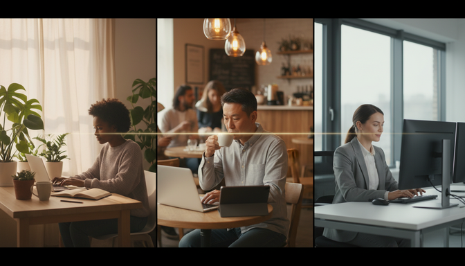 Diverse group of people using digital devices in different everyday settings including home, café, and office