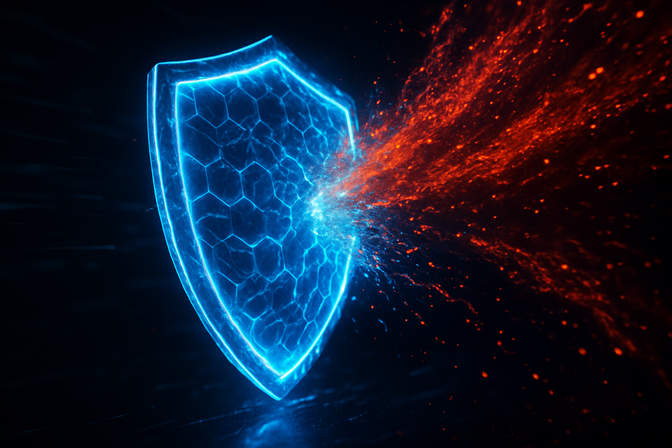 Glowing blue digital shield blocking a surge of red and orange particles representing a ransomware attack