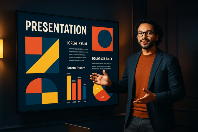 Creative professional gesturing toward a large display showing a polished slide presentation
