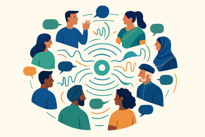 Diverse group of stylized figures from different cultures connected by speech bubbles and sound waves