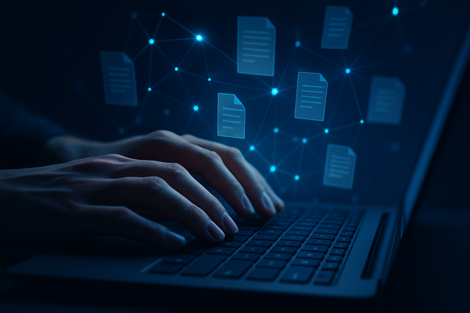 Hands hovering over a laptop keyboard with abstract glowing network nodes and document shapes floating above the screen