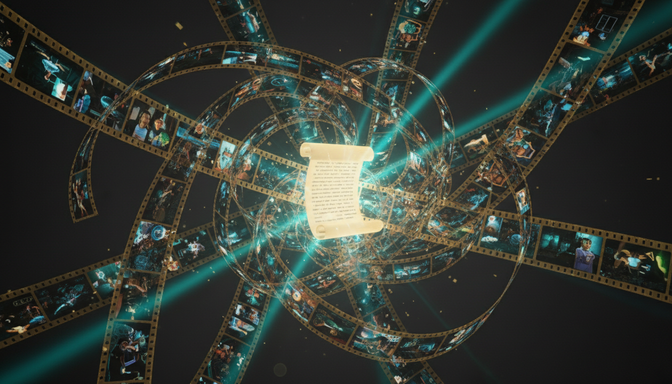 Overlapping cinematic film frames dissolving into each other with dramatic light and shadow