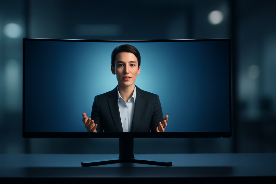 AI-generated virtual human presenter displayed on a modern ultrawide monitor in a minimalist studio setting