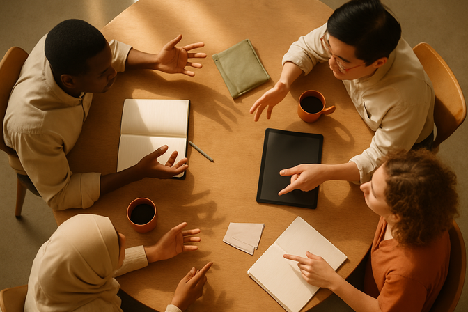 Four people of different backgrounds gathered around a round table, gesturing in conversation with notebooks and devices