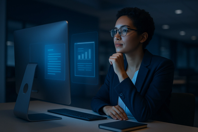 Professional at a minimal desk interacting with a glowing monitor in a modern open-plan office