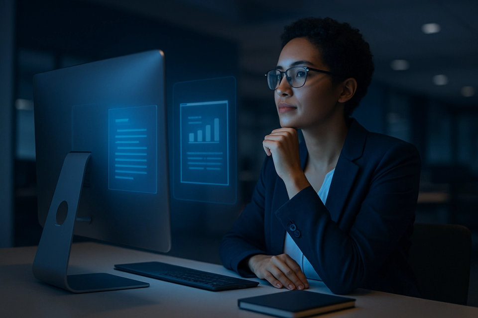 Professional at a minimal desk interacting with a glowing monitor in a modern open-plan office