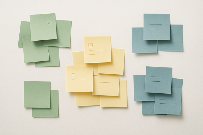 Color-coded sticky notes arranged in organized groupings on a white desk surface