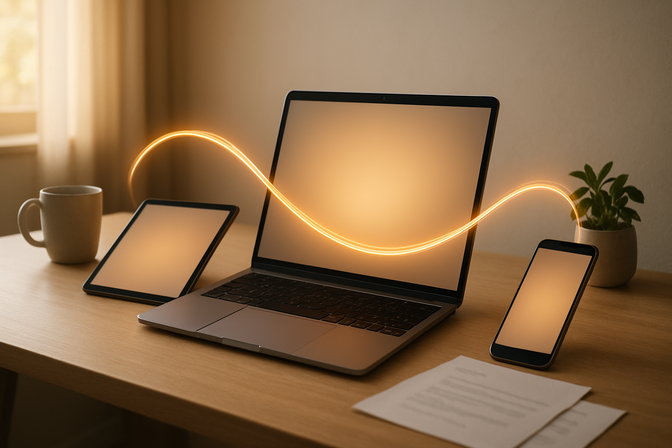 Three devices on a modern desk connected by a glowing thread of light, representing continuous AI memory across sessions.