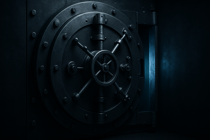Heavy steel vault door slightly open with a blue glow from within