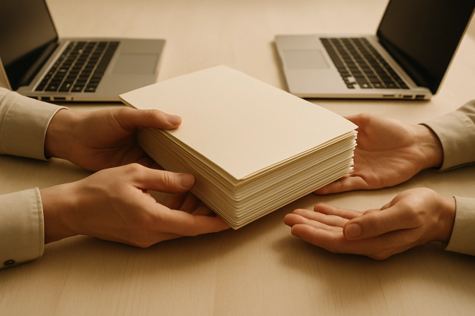 Two people passing a thick folder of documents across a shared desk with laptops nearby