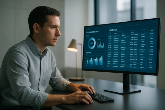 Professional reviewing security and access logs on a large monitor in a modern minimalist office