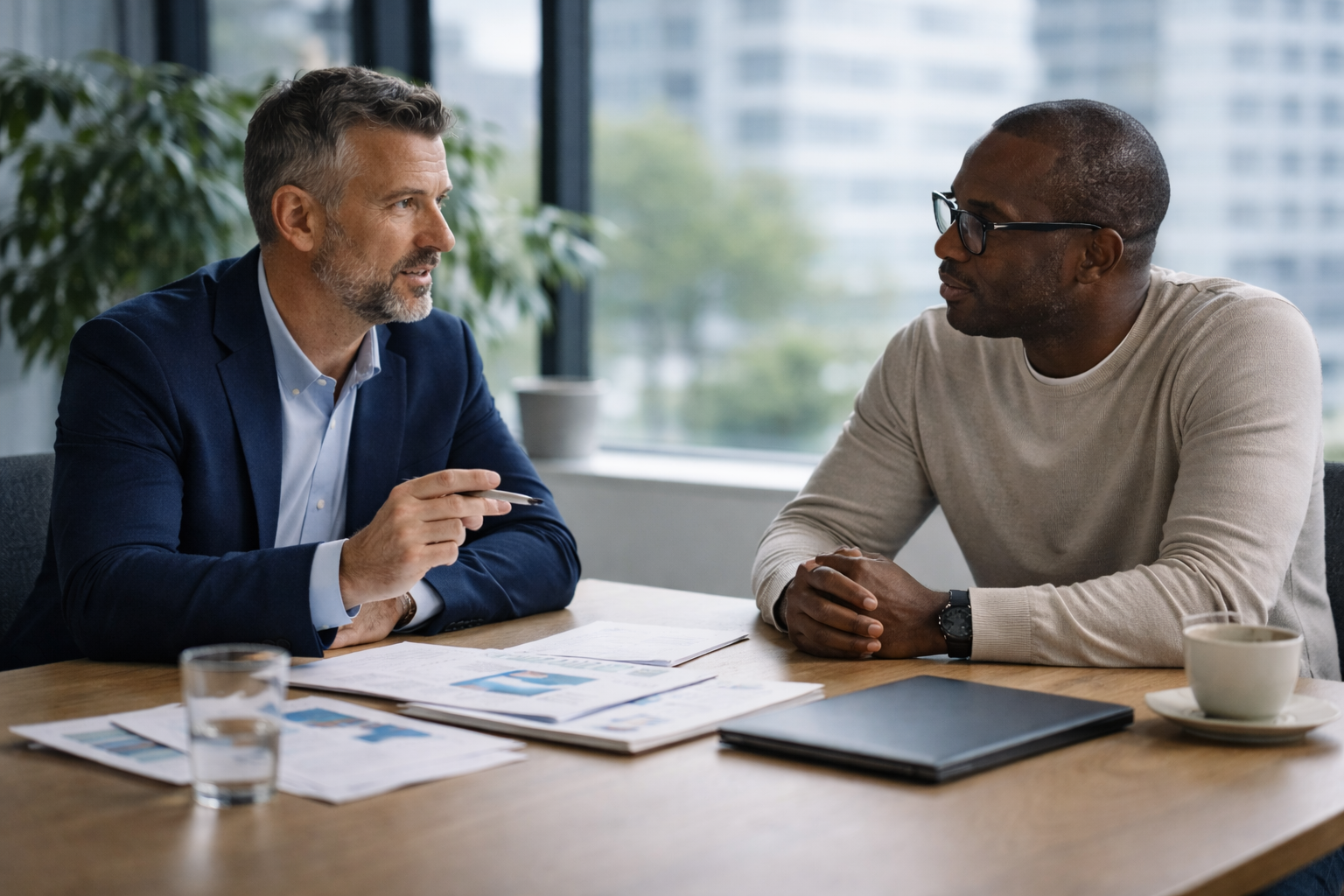 To forretningspartnere i samtale over bord med dokumenter og laptop i moderne, lyst kontormiljø.