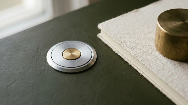 Nærbilde av en rund metallknapp innfelt i en mørk bordplate i mykt dagslys.