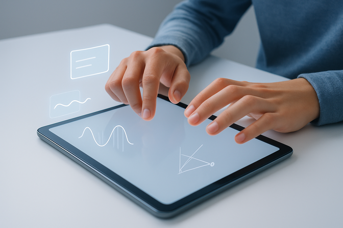 Student hands interacting with a tablet on a clean desk, surrounded by floating flashcard and diagram shapes
