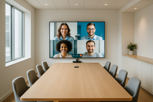 Modern conference room with wall-mounted display screen showing a video call in progress