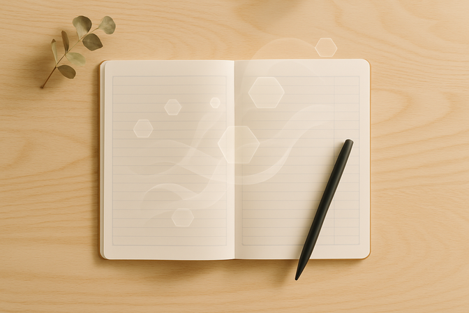 Open notebook with blank form-like pages and a pen on a wooden desk, viewed from above