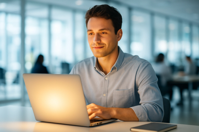 Young professional sitting at a modern desk with hands on a laptop, bathed in warm screen glow in a bright open-plan office.