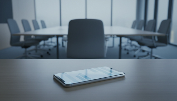 Smartphone on a desk showing an active chat thread, with an empty meeting room with chairs visible in the blurred background.