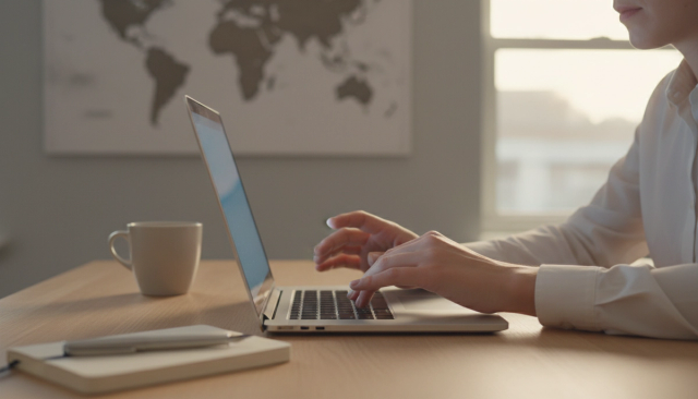 Person's hands over a laptop on a clean desk with a world map visible in the blurred background