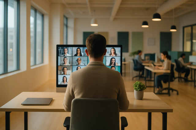 Professional sitting at a modern office desk participating in a video call on a large monitor