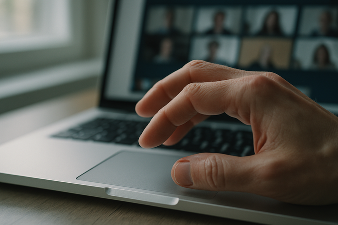 Person's hand hovering over a laptop trackpad with a blurred video call interface visible on screen