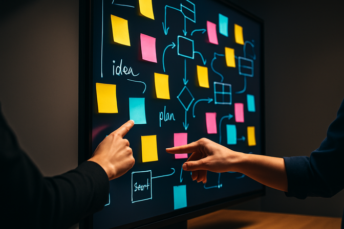 Two people interacting with a large touchscreen showing a digital whiteboard with colorful sticky notes and diagrams