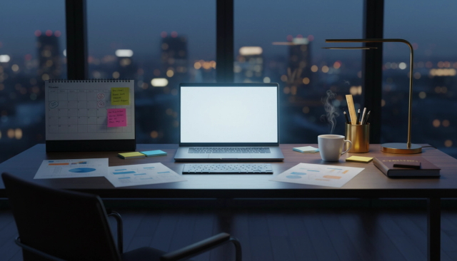 Modern desk workspace with glowing laptop, sticky notes, calendar, and coffee cup in a dimly lit room