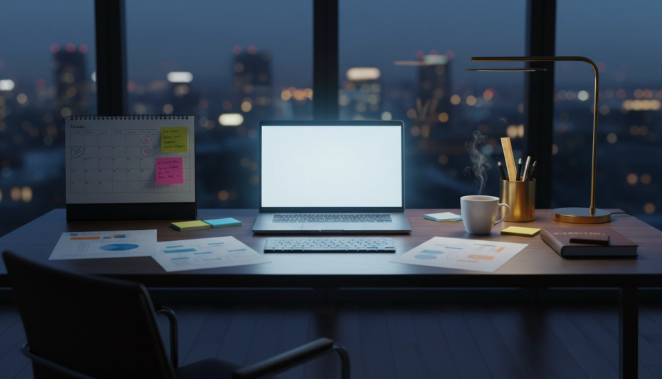 Modern desk workspace with glowing laptop, sticky notes, calendar, and coffee cup in a dimly lit room