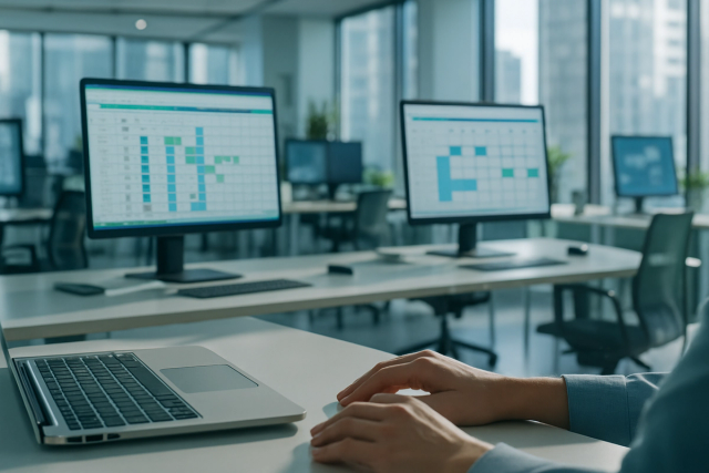 Person's hands resting near a laptop keyboard in a bright modern open-plan office with multiple screens in the background